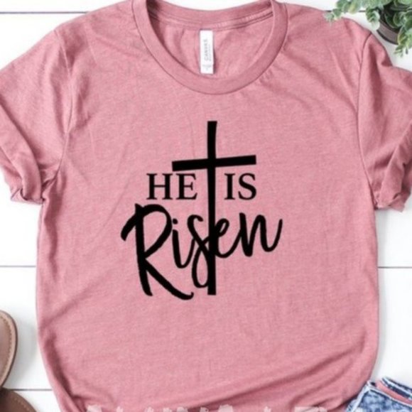 Tops - HE HAS RISEN pink graphic tee